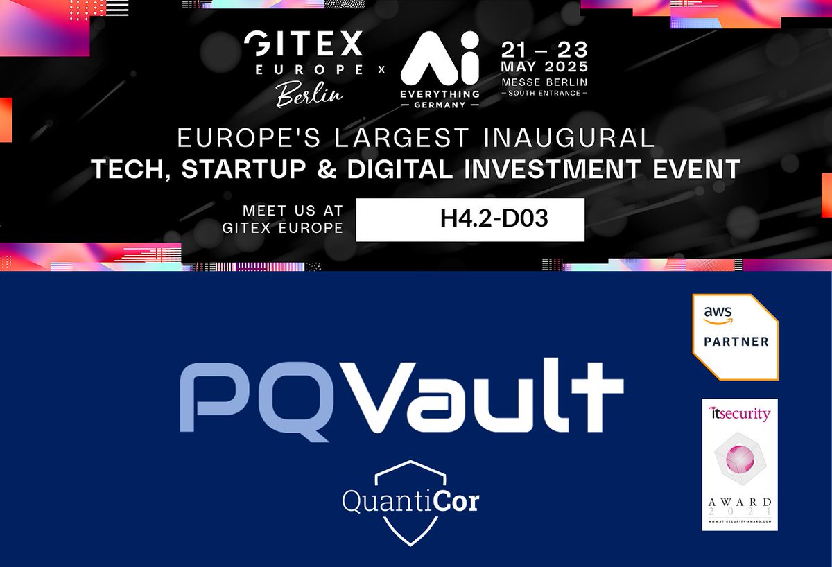 Meet QuantiCor Security @ #GITEX2025!
📍 Hall 4.2, Stand D03

🔐 PQVault &amp; 🛡️ OT Security: Quantum-safe protection for data &amp; critical infrastructure.

🏆 IT Security Award | 🤝 AWS
🚀 Live demos!

👉 pq-vault.com

#CyberSecurity #PQC