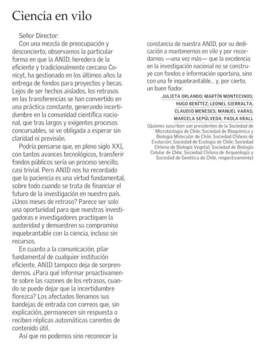 Ciencia vilo. ANID y su constante displicencia hacia los investigadores. Hoy en cartas al editor El Mercurio