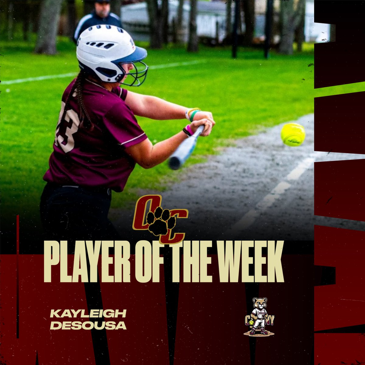 Kayleigh batted 7 for 10 with a double, a triple, scoring 7 runs, stealing 5 bases, and reaching base in 11 of 13 at-bats. She also picked up a win, pitching vs SSVT, allowing 3 hits and striking out 10 in 5 innings pitched. Also during the week, Kayleigh got her 100th hit!