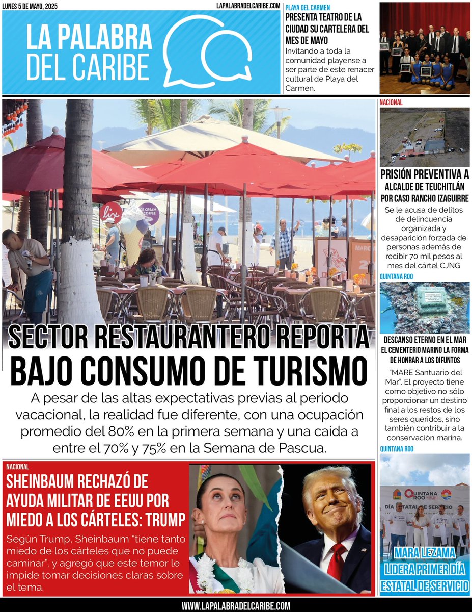 *[QROO]* Sector restaurantero reporta bajo consumo de turismo en temporada vacacional: is.gd/GrFaAI
---------
*[NACIONAL]* Trump asegura que Sheinbaum rechazó la ayuda militar de EEUU por miedo a los cárteles: is.gd/PTkLeW
---------
*[QROO]* Presenta Teatro
