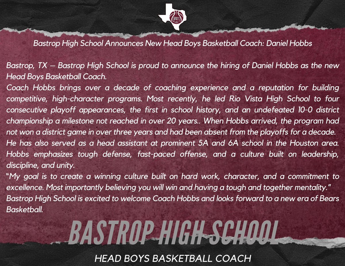 Jake Griedl (@jgriedl) on Twitter photo We are excited to welcome Coach Hobbs to the Bastrop family. 
Coach Hobbs has a record of winning, building, and creating culture driven programs. Please help us welcome him and his family to 78602!
#EFFORT | #TheTEAM We are excited to welcome Coach Hobbs to the Bastrop family. 
Coach Hobbs has a record of winning, building, and creating culture driven programs. Please help us welcome him and his family to 78602!
#EFFORT | #TheTEAM