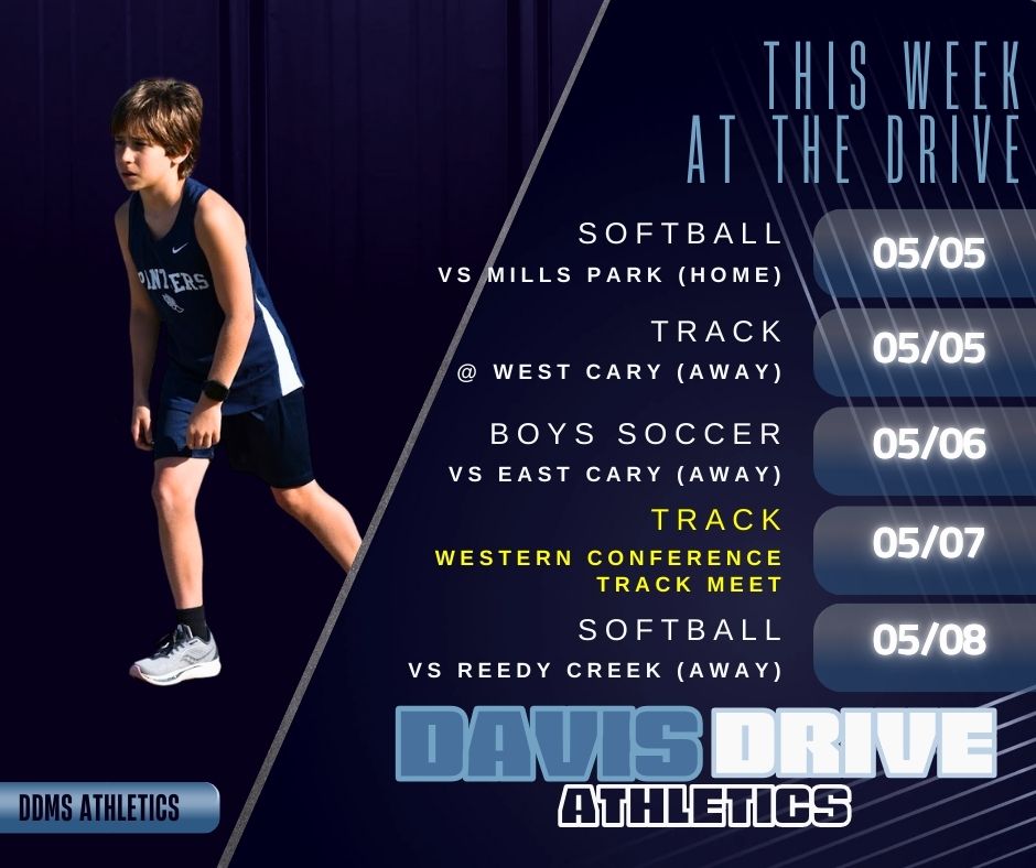 Spring Sports may be winding down, but "This Week at The Drive" is ramping up to be a busy one! With just two home events on the calendar—one being the WCPSS Western Conference Track Meet—you won’t want to miss the action. Come out and enjoy an exciting afternoon.