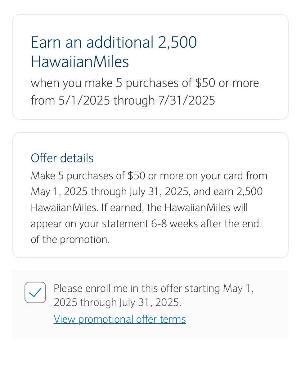 thepointslife's tweet photo. If you have a Hawaiian Airlines credit card, check your targeted offer in the Offers section on the Barclays app or online. Below is my offer. https://t.co/obcvT66pft