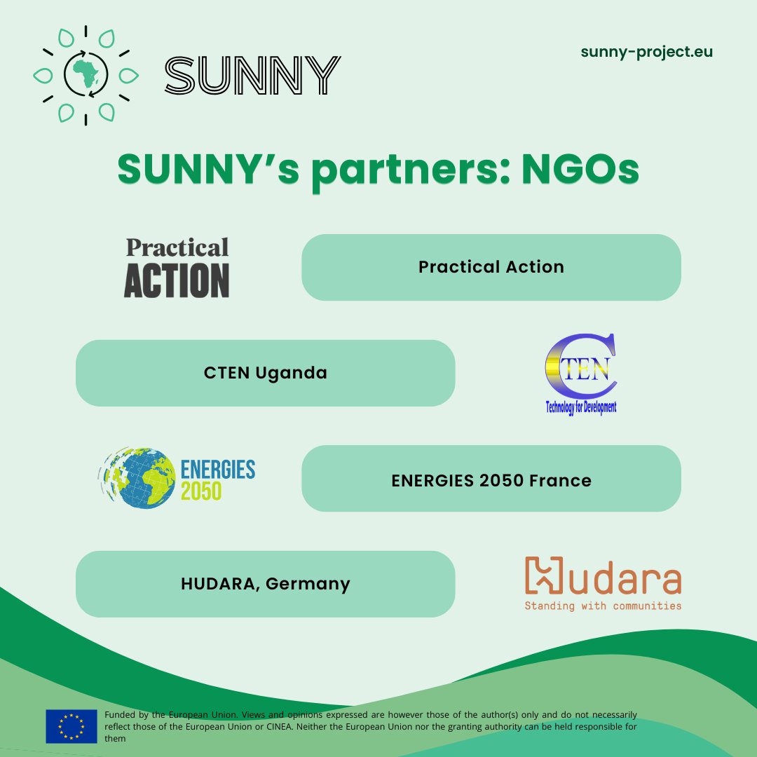 🌍Meet our NGO partners!

🤝Practical Action Rwanda
🤝CTEN Uganda
🤝ENERGIES 2050 France
🤝HUDARA Germany

🌱Together, we are shaping sustainable energy solutions for displacement and remote contexts!💡

#SUNNYproject #RenewableEnergy #Sustainability #Refugees #Africa