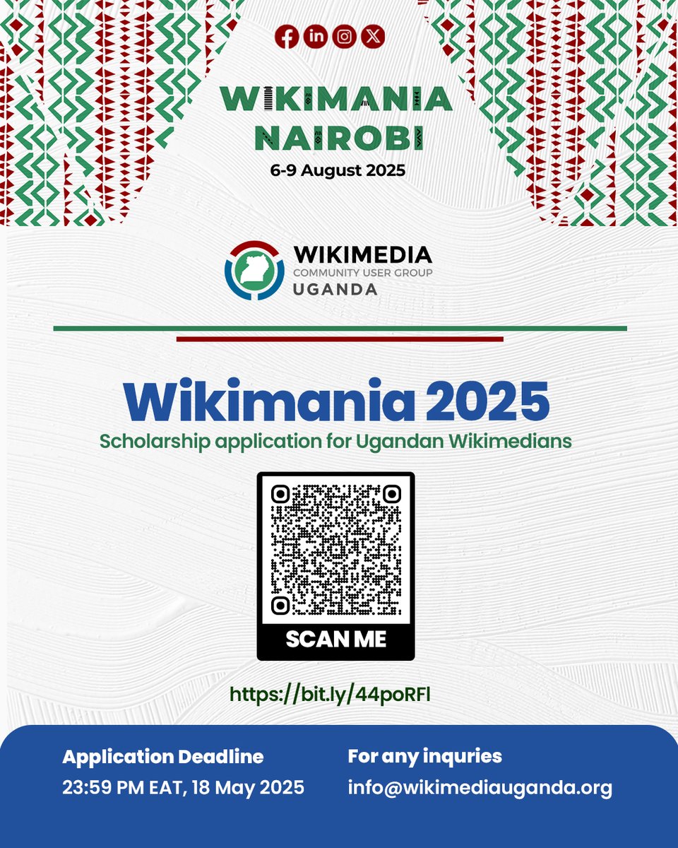 📢 Calling all Ugandan Wikimedians!
Wikimania 2025 is coming to Nairobi, and this is your chance to be there!

Apply now for a fully-funded scholarship to attend the biggest annual Wikimedia conference.

Apply: bit.ly/44poRFl

#WikimediaUganda #Wikimania2025