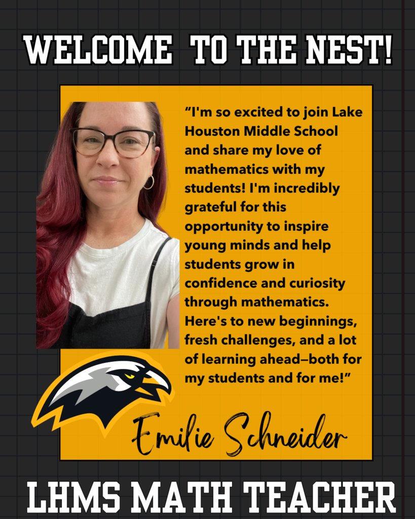 HumbleISD_LHMS's tweet image. Please give a warm LHMS welcome to our Math Teacher, Ms. Schneider! #LHMSHawks