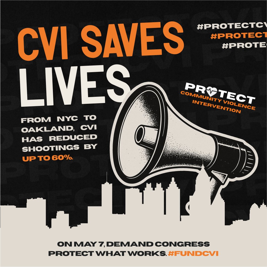 Community Violence Intervention (CVI) saves lives.
But right now, federal funding is being slashed when communities need it most.

On May 7, we’re taking a stand. Will you stand with us?
Tell Congress loud and clear: Fund CVI. Protect our communities.
#ProtectCVI #CVIDayOfAction