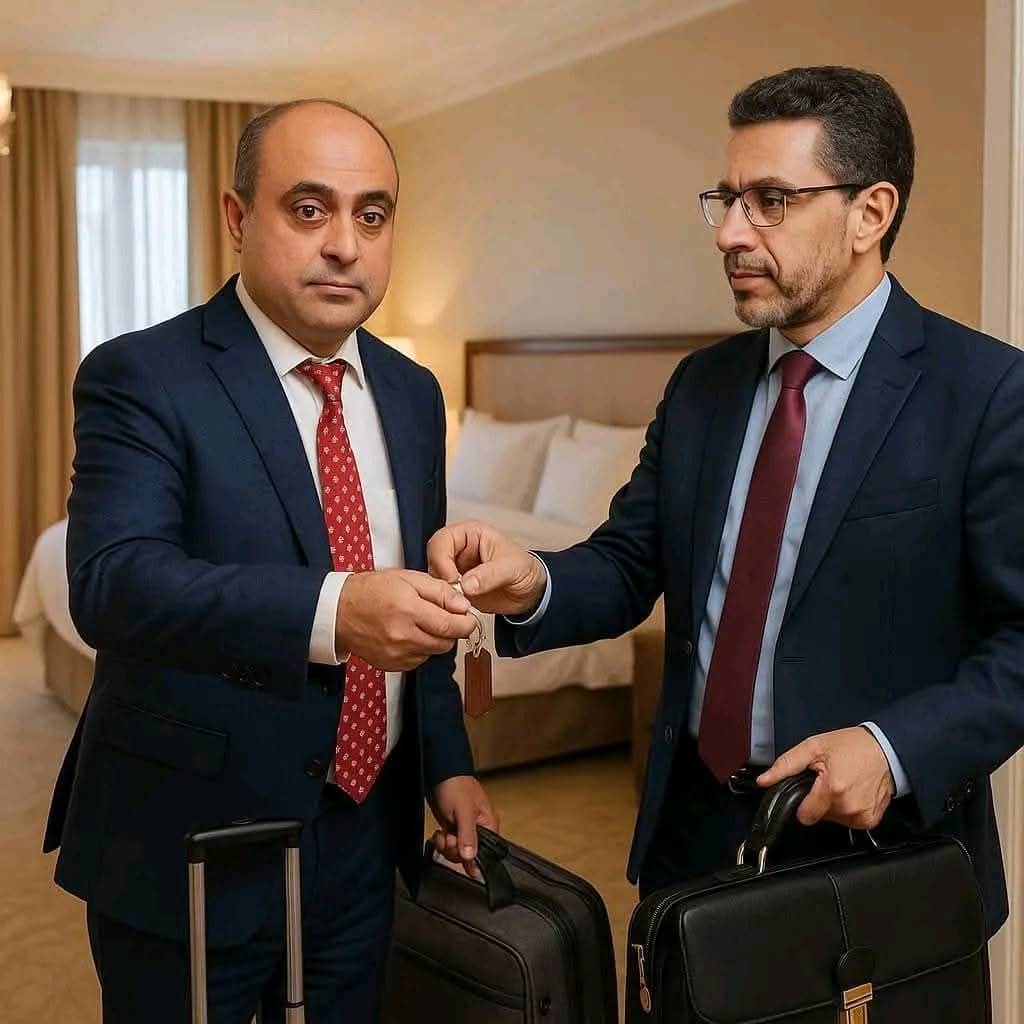 تم اليوم بحمد الله الإستلام والتسليم بين
بن بريك و بن مبارك واستلم الخلف من السلف مفتاح غرفة الفندق بسلاسة دون أي فوضى  وسط اجواء يسدوها المحبة والإخاء