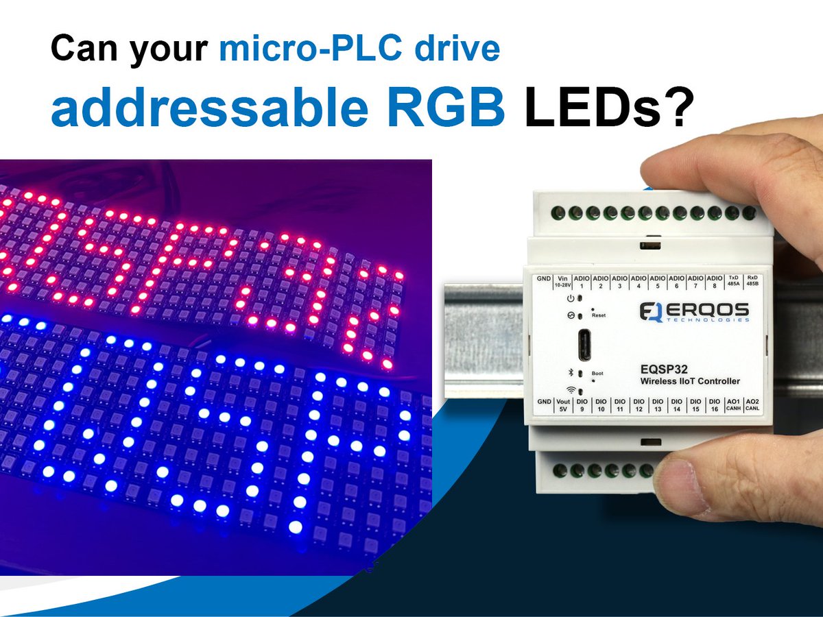 eqsp32's tweet image. EQSP32’s unique high speed output mode can control addressable LEDs—perfect for display panels and lighting systems.

erqos.com

#EQSP32 #erqos #IndustrialAutomation #LEDControl #SmartManufacturing #IoTDevices #EdgeComputing