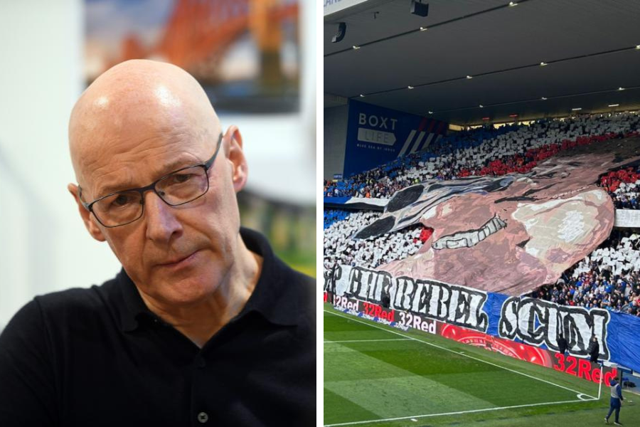 ScotNational's tweet photo. BREAKING: John Swinney has condemned Rangers fans who unveiled a giant image of Graeme Souness holding a shotgun at Sunday's Old Firm match against Celtic.

The First Minister said it was 'unacceptable' ... https://t.co/kEDUfP9jwT