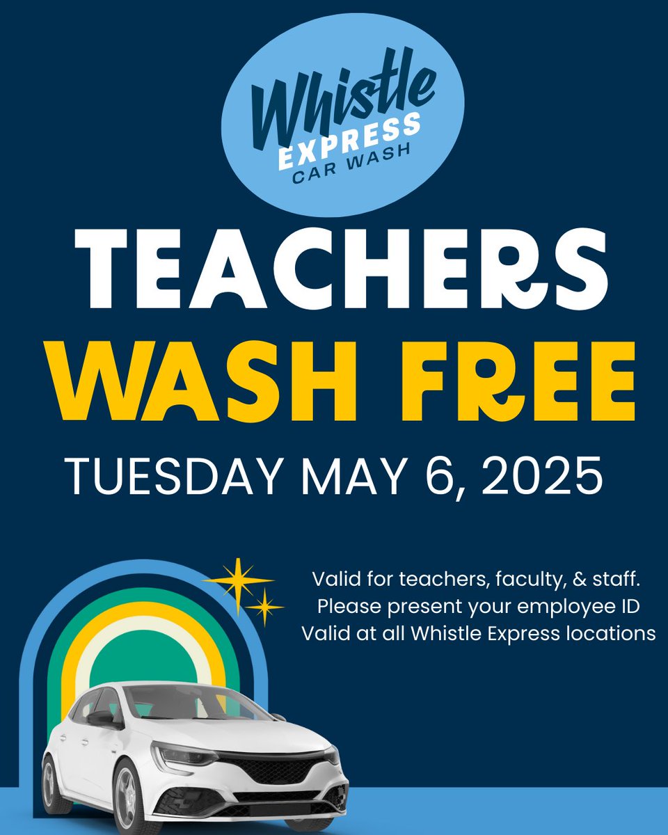 On Tuesday, May 6, Whistle Express is proud to offer a free car wash to all teachers, faculty, and school staff in honor of Teacher Appreciation Day.

Simply present your school employee ID at any Whistle Express location to redeem your complimentary wash.

Thank you for all you