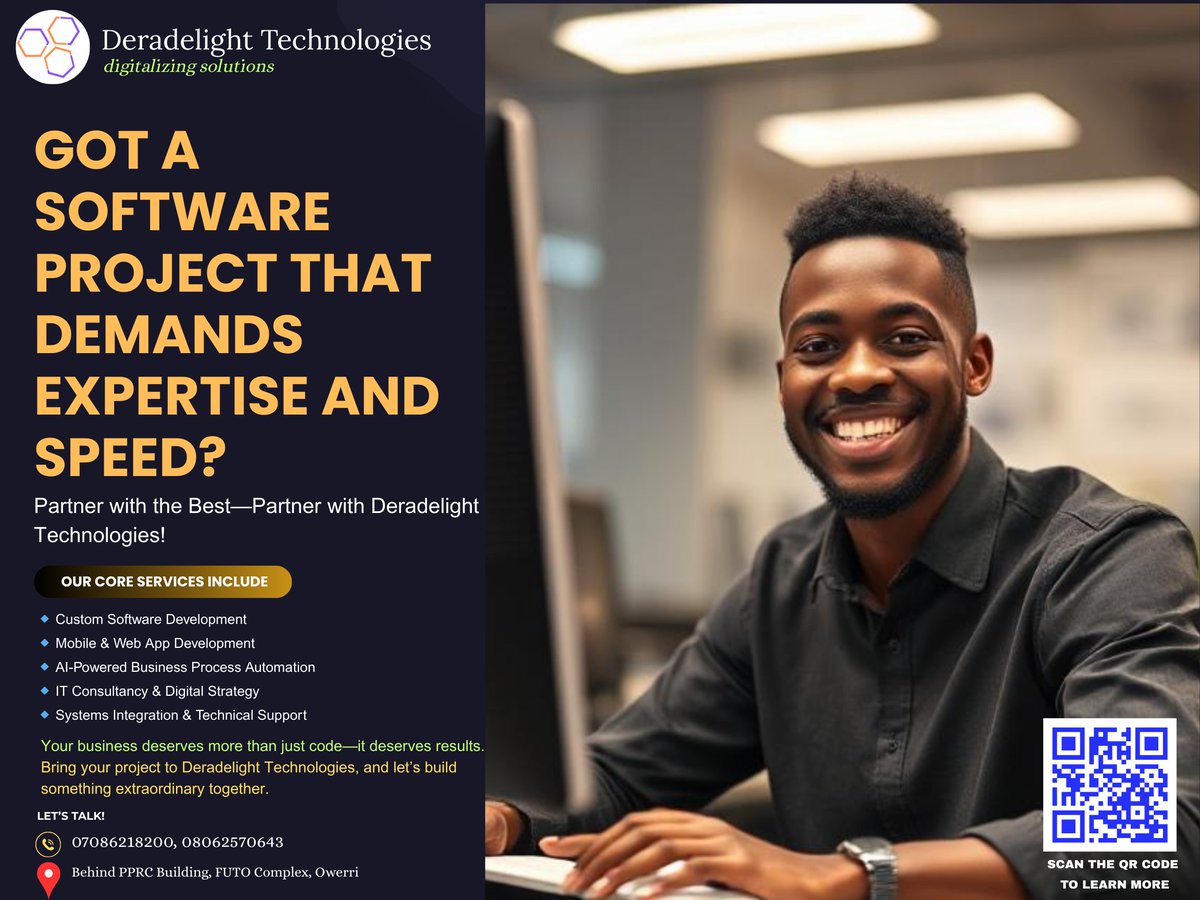 deradelighttech's tweet image. 🚀 Need fast, expert-built software?

Deradelight Technologies offers:
🔹 Custom Software
🔹 Mobile &amp;amp; Web Apps
🔹 AI-Powered Automation
🔹 IT Strategy &amp;amp; Support
Let’s build your vision. 📞 07086218200
🌐 deradelight.com
#TechNigeria #SoftwareDevelopment #DigitalTransforma