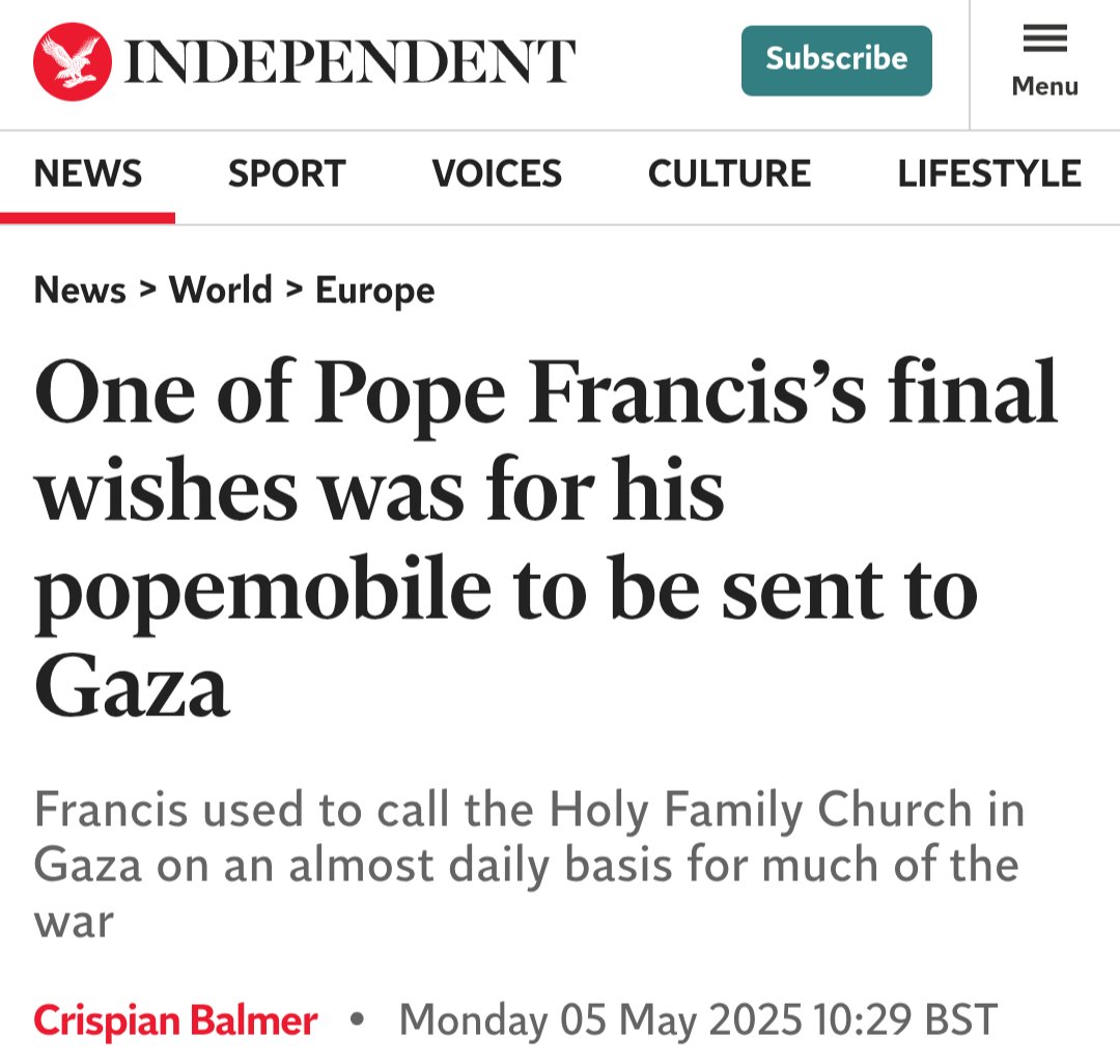 Mark Arby (@markarby) on Twitter photo His funeral facilitated productive talks between Zelensky and Trump and his final wish was for his Popemobile to be used to help the children of Gaza. Pope Francis continues to do good in death as well as when he was alive. His funeral facilitated productive talks between Zelensky and Trump and his final wish was for his Popemobile to be used to help the children of Gaza. Pope Francis continues to do good in death as well as when he was alive.
