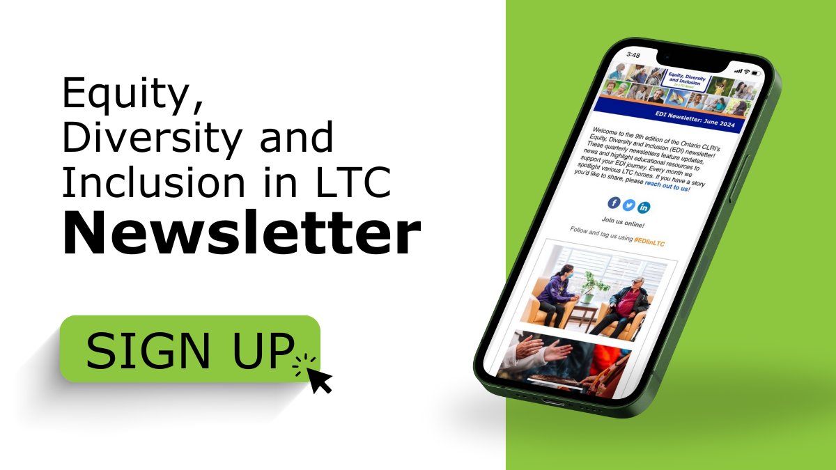 Want to learn how to advance equity and inclusion in your #LongTermCare home? 

Sign up for our quarterly Equity, Diversity and Inclusion newsletter to receive resources and ways to build a more inclusive sector: clri-ltc.ca/resource/ediin…

@bruyerecare @SchlegelUW_RIA #EDIinLTC