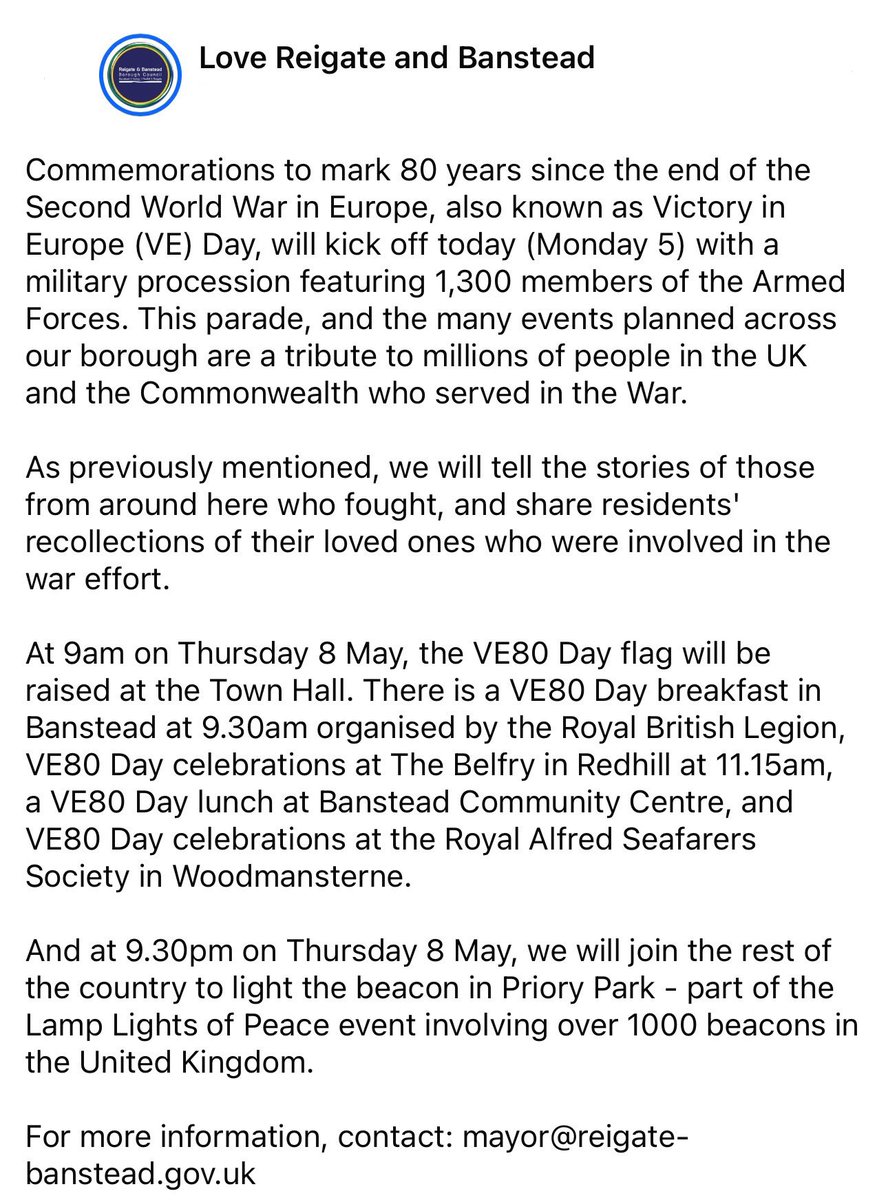 Nadean Moses (@nadean_moses) on Twitter photo Commemorations to mark 80 years since the end of the second world war in Europe.
VE Day
Thursday 8th May
<a href="/reigatebanstead/">Reigate & Banstead Borough Council</a> <a href="/RBBCMayor/">Mayor of the Borough of Reigate and Banstead</a>
<a href="/SurreyNews/">Surrey County Council News</a> #reigate #banstead #Horley #Redhill #surrey Commemorations to mark 80 years since the end of the second world war in Europe.
VE Day
Thursday 8th May
<a href="/reigatebanstead/">Reigate & Banstead Borough Council</a> <a href="/RBBCMayor/">Mayor of the Borough of Reigate and Banstead</a>
<a href="/SurreyNews/">Surrey County Council News</a> #reigate #banstead #Horley #Redhill #surrey
