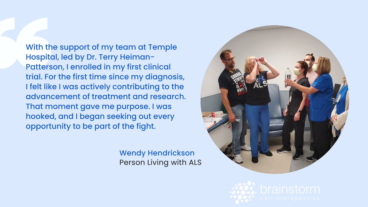 BrainstormCell's tweet photo. Wendy Hendrickson joined an #ALS trial and found something deeper than treatment—purpose.

She was contributing to research, pushing progress forward—for herself and others.

#MomentsThatMattered #ALSawareness #BetterTogether #ClinicalTrialsMatter #SupportIsStrength @ALSHF @HeimanPatterson @saritaapril
