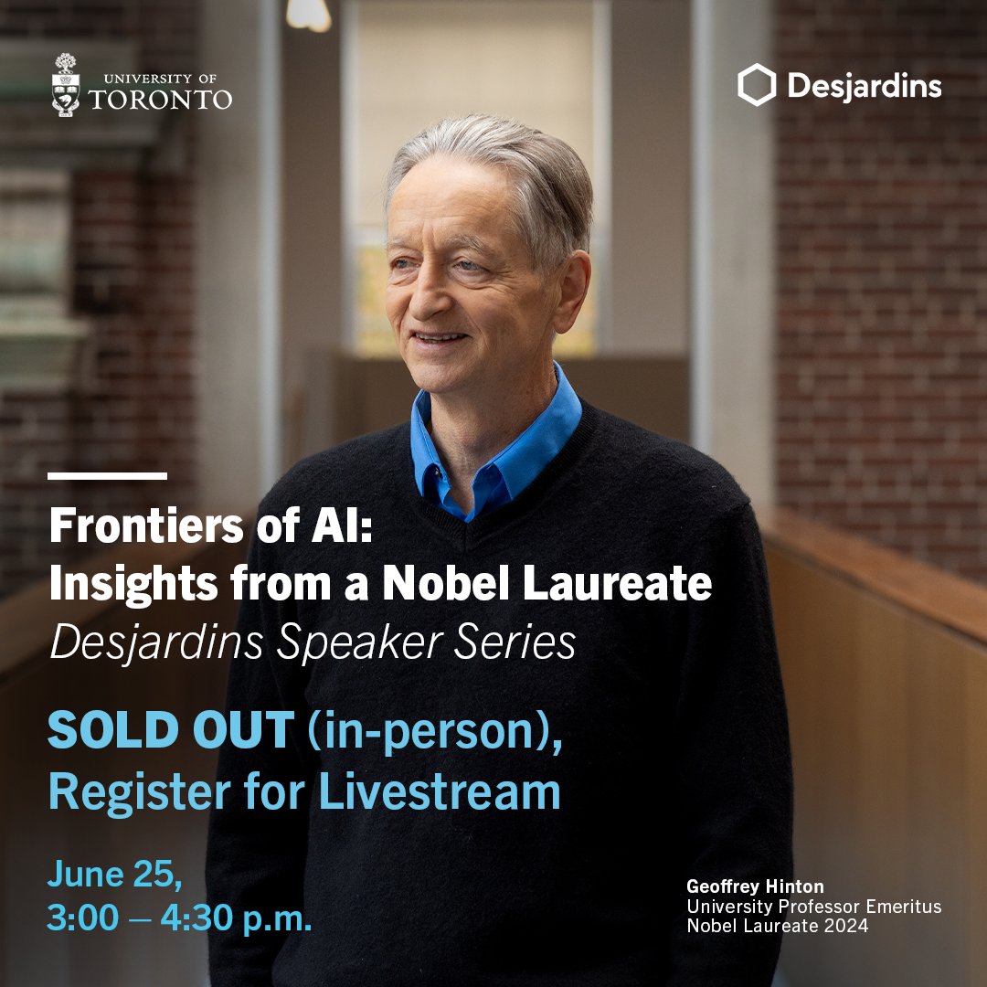 UofTStartup's tweet image. 🎟️ In-person tickets to the Desjardins Speaker Series: Frontiers of AI — Insights from a Nobel Laureate on June 25 are SOLD OUT, but don't fret! Livestream spots are still available.
🔗 Register here: lu.ma/qxsn9q0z