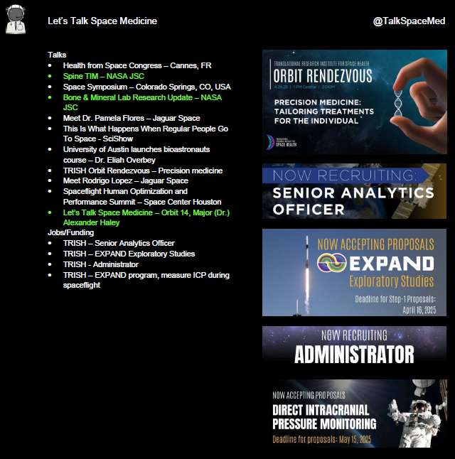 Let's Talk Space Medicine (@talkspacemed) on Twitter photo April newsletter!
PDF w/ hyperlinks -> talkspacemed.com
<a href="/BCMSpaceHealth/">Translational Research Institute for Space Health</a> <a href="/framonauts/">fram2</a> <a href="/Spaceomix/">Spaceomix</a> <a href="/PolarisProgram/">Polaris</a> <a href="/JaguarSpace_LLC/">JaguarSpace</a> <a href="/SciShow/">SciShow</a> <a href="/uaustinorg/">University of Austin (UATX)</a> <a href="/Owens_Recovery/">Owens Recovery</a> <a href="/WildMedSociety/">WMS</a> April newsletter!
PDF w/ hyperlinks -> talkspacemed.com
<a href="/BCMSpaceHealth/">Translational Research Institute for Space Health</a> <a href="/framonauts/">fram2</a> <a href="/Spaceomix/">Spaceomix</a> <a href="/PolarisProgram/">Polaris</a> <a href="/JaguarSpace_LLC/">JaguarSpace</a> <a href="/SciShow/">SciShow</a> <a href="/uaustinorg/">University of Austin (UATX)</a> <a href="/Owens_Recovery/">Owens Recovery</a> <a href="/WildMedSociety/">WMS</a>