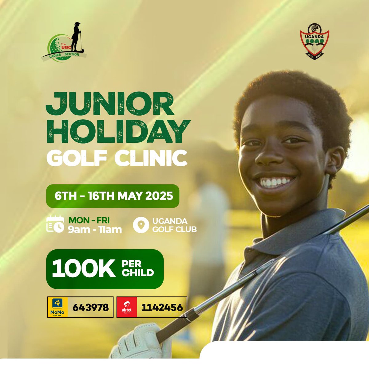 Ladies’ Section Uganda Golf Club (@ugcladiesection) on Twitter photo OPPORTUNITY FOR TRAINING FOR HOLIDAY MAKERS!
Our junior holiday program is on at <a href="/UgandaGolf/">Uganda Golf Club</a> from 6th to 16th May 2025 starting at 9am to 11am, Monday-Friday!
Don't miss the opportunity to sign up those aspiring young golfers for only UGX 100k🏌🏾🏌🏾🏌🏾♂️🏌🏾♂️ OPPORTUNITY FOR TRAINING FOR HOLIDAY MAKERS!
Our junior holiday program is on at <a href="/UgandaGolf/">Uganda Golf Club</a> from 6th to 16th May 2025 starting at 9am to 11am, Monday-Friday!
Don't miss the opportunity to sign up those aspiring young golfers for only UGX 100k🏌🏾🏌🏾🏌🏾♂️🏌🏾♂️
