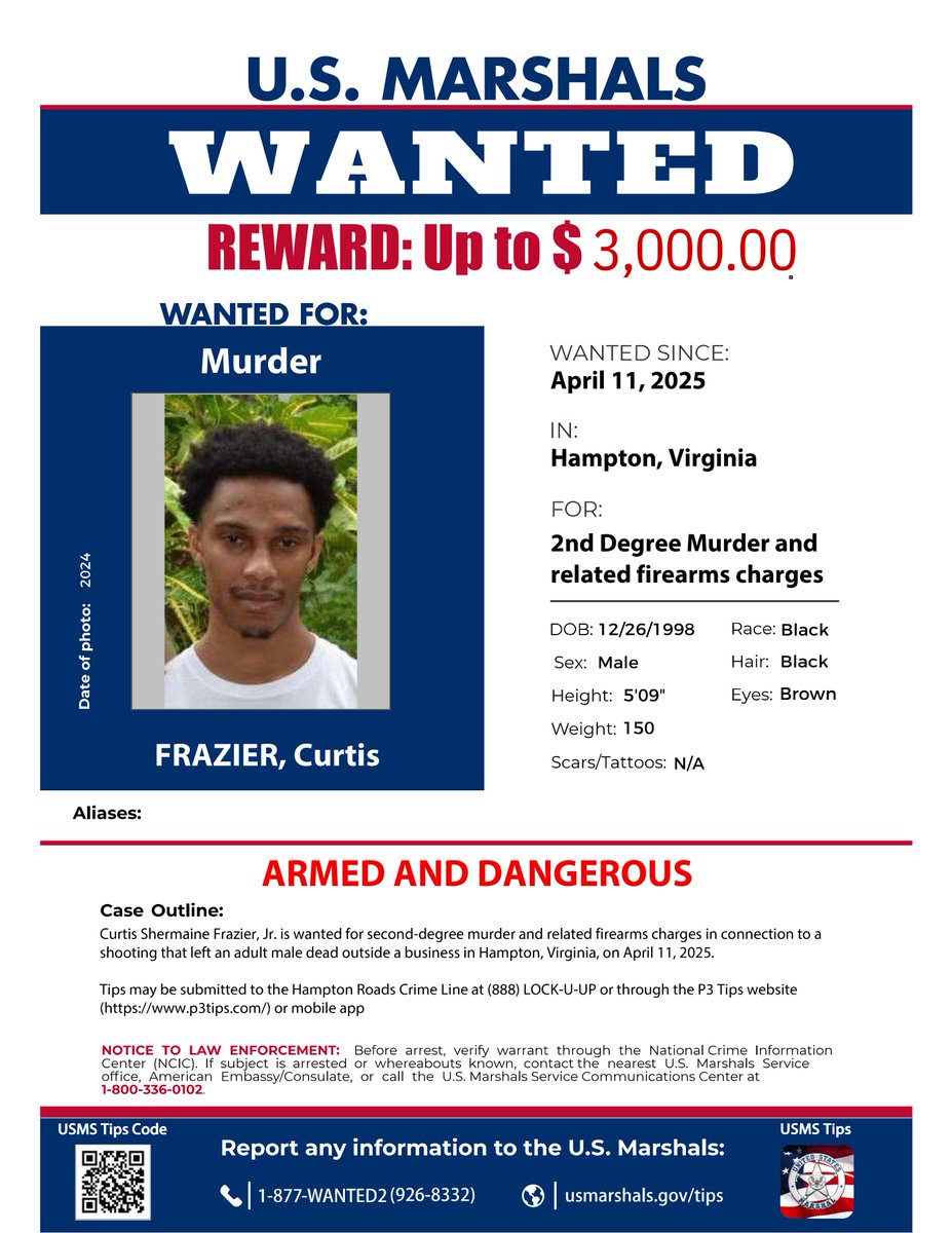 Curtis Frazier Jr. is wanted by the U.S. Marshals Service for a homicide on 4/11/25 at Karma Lounge, 87 Lincoln St, Hampton. Info? Call or 1-888-LOCK-U-UP. #USMarshalls