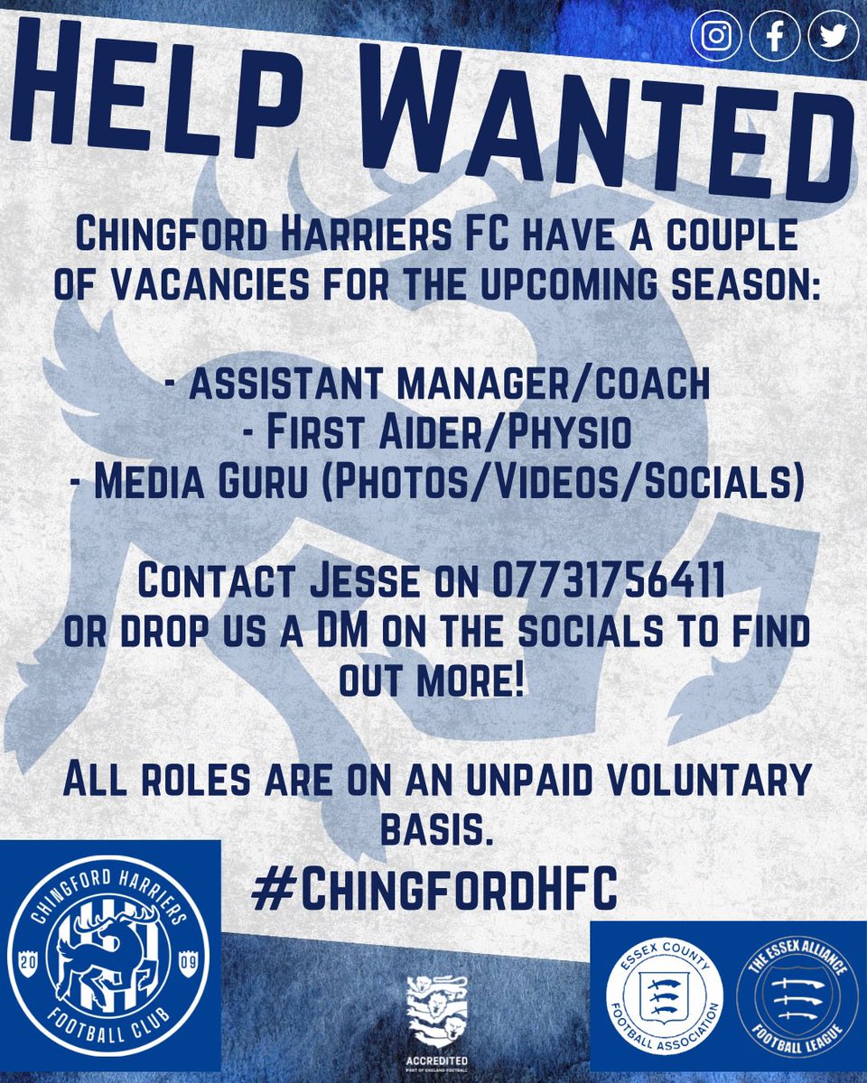ChingfordHFC's tweet image. Are you a budding photographer? Fancy yourself as the next Guardiola (or Arteta.. 🤐)? Want to help keep the squad in tiptop condition?

Chingford Harriers are looking for a number of volunteers to help progress the club on &amp;amp; off the pitch, Drop us a DM and let’s chat!