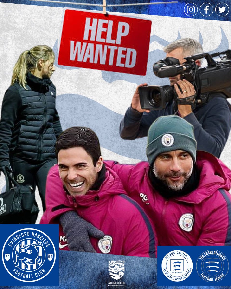 Chingford Harriers FC (@chingharriers) on Twitter photo Are you a budding photographer? Fancy yourself as the next Guardiola (or Arteta.. 🤐)? Want to help keep the squad in tiptop condition?
Chingford Harriers are looking for a number of volunteers to help progress the club on & off the pitch, Drop us a DM and let’s chat! Are you a budding photographer? Fancy yourself as the next Guardiola (or Arteta.. 🤐)? Want to help keep the squad in tiptop condition?
Chingford Harriers are looking for a number of volunteers to help progress the club on & off the pitch, Drop us a DM and let’s chat!