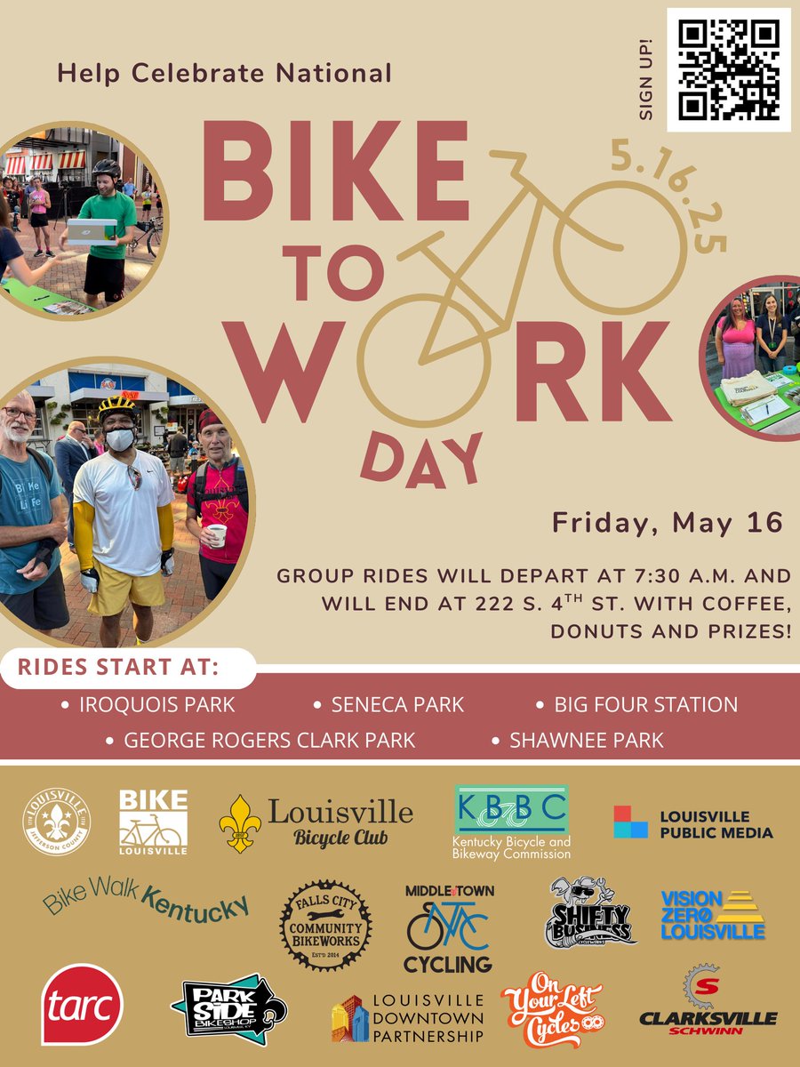 Happy National Bike Month! Join us Friday, May 16, 2025 for National Bike to Work Day. Group rides will depart at 7:30 a.m. from five "Meet &amp; Ride" locations. Click the link below to register and learn more. 

louisvilleky.gov/government/bik…