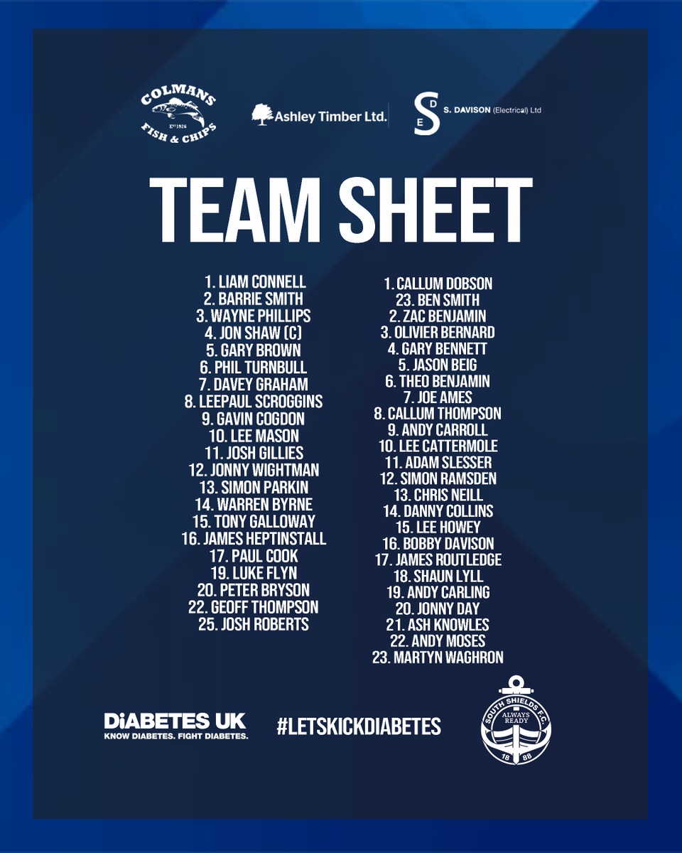 SouthShieldsFC's tweet photo. Here is today's full team sheet 💪

#LETSKICKDIABETES https://t.co/9iSesfJZtg