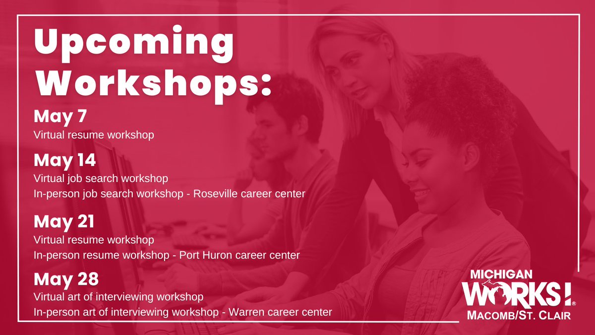 MIWorksMSC's tweet image. Looking for work? We’re offering free workshops all May! Learn how to write your resume, search for jobs, and succeed in interviews. Join us online or at one of our career centers. 💻 💼

Sign up today! msc-mw.org/events/ 

#JobHelp #CareerTips #MichiganWorks