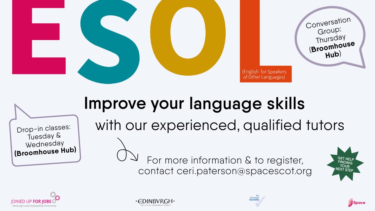 Improve communication skills, chat with native speakers, &amp; build social connections with <a href="/SpaceBroomhouse/">Space at The Broomhouse Hub</a>'s #ESOL classes.

Everyone welcome; booking required.

Contact ceri.paterson@spacescot.org to register.

#English #Space #BroomhouseHub