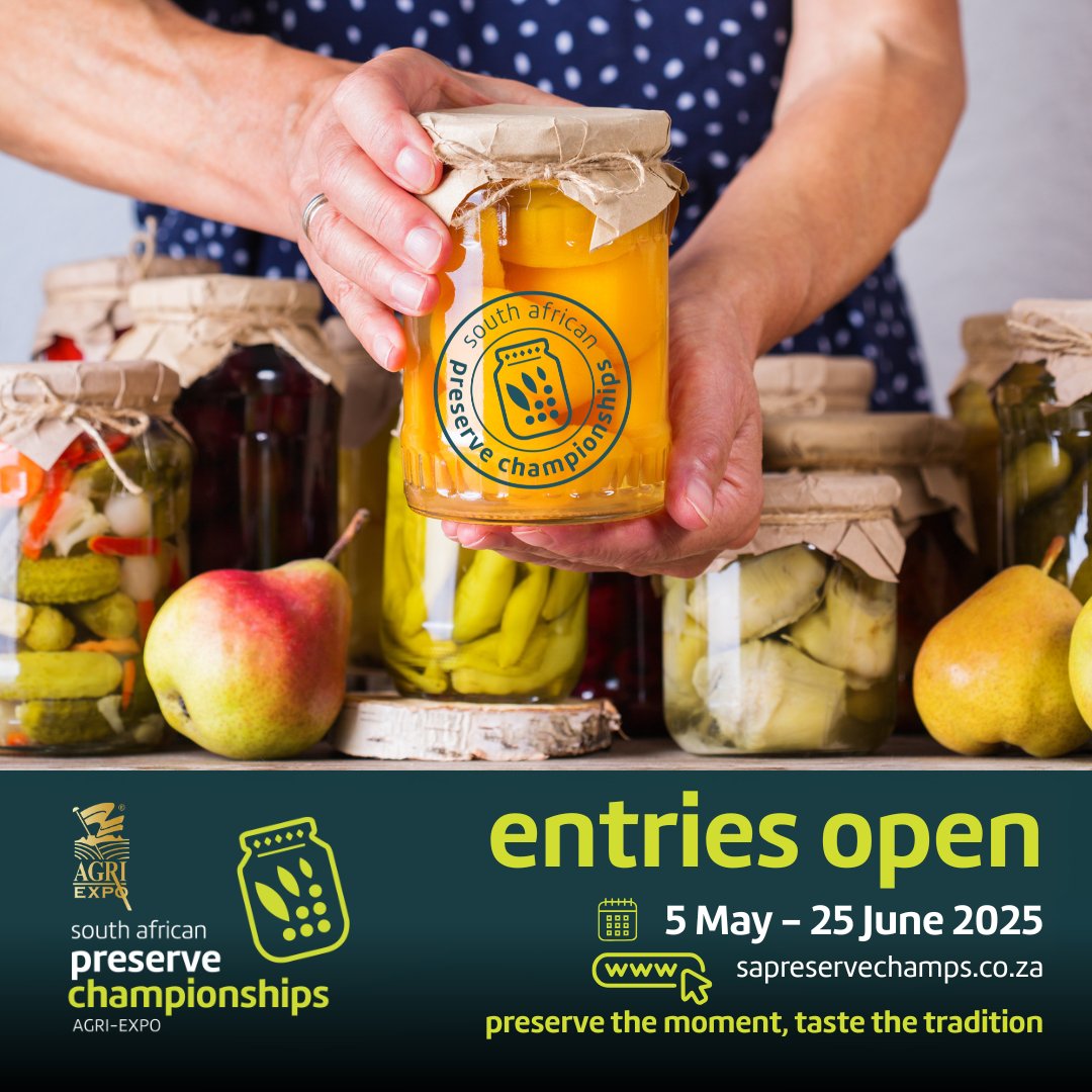 ENTRIES NOW OPEN! Showcase your best at the very first South African Preserve Championships!
✅ Entries open: 5 May 
 ❗ Closing date: 25 June 
 💻 Enter: sapreservechamps.co.za
Open to all products available in the market to the public
#SAPreserveChamps #AgriExpo #ProudlySA