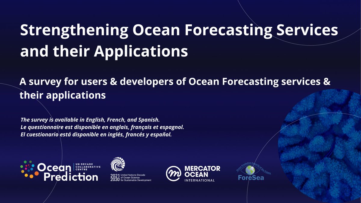 🌊 Calling all ocean forecasters &amp; users!
Help us shape the future of ocean forecasting 🌐
📝 Take our 15-min survey
🗣️ Available in EN/FR/ES
📅 Deadline: July 15
👉 bit.ly/4k8oYd9

#OceanPrediction #OceanForecasting #UNOceanDecade
