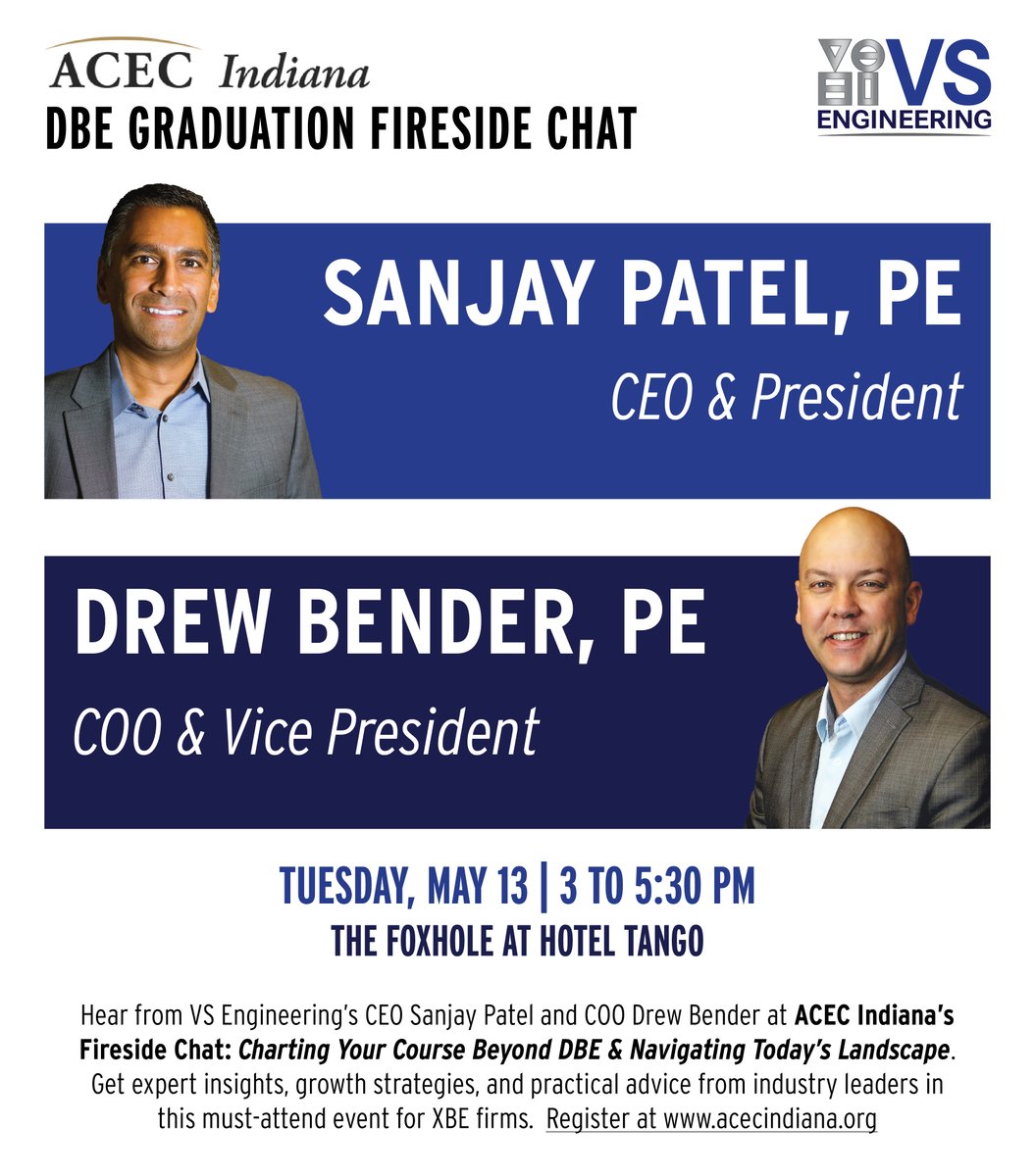 VS’s CEO, Sanjay Patel, and COO, Drew Bender, will be panelists at <a href="/ACECIndiana/">ACEC Indiana</a>  Fireside Chat! Don’t miss this chance to hear insights, strategies, and advice from industry leaders. Register now at acecindiana.org. #ACECIndiana #FiresideChat #VSintheCommunity