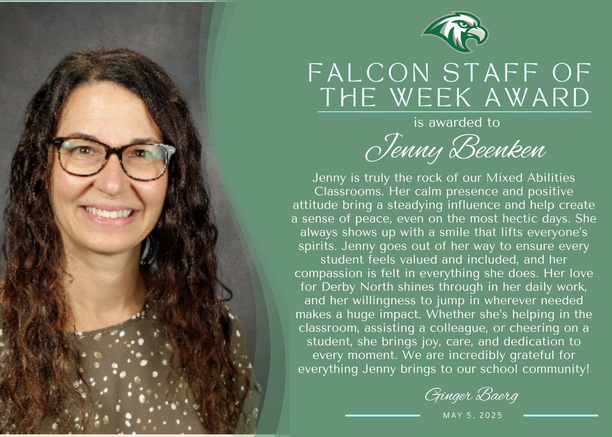Jenny Beenken is this week's Falcon staff of the week! She was nominated by her peers for this award. We are so thankful to have her at DNMS!