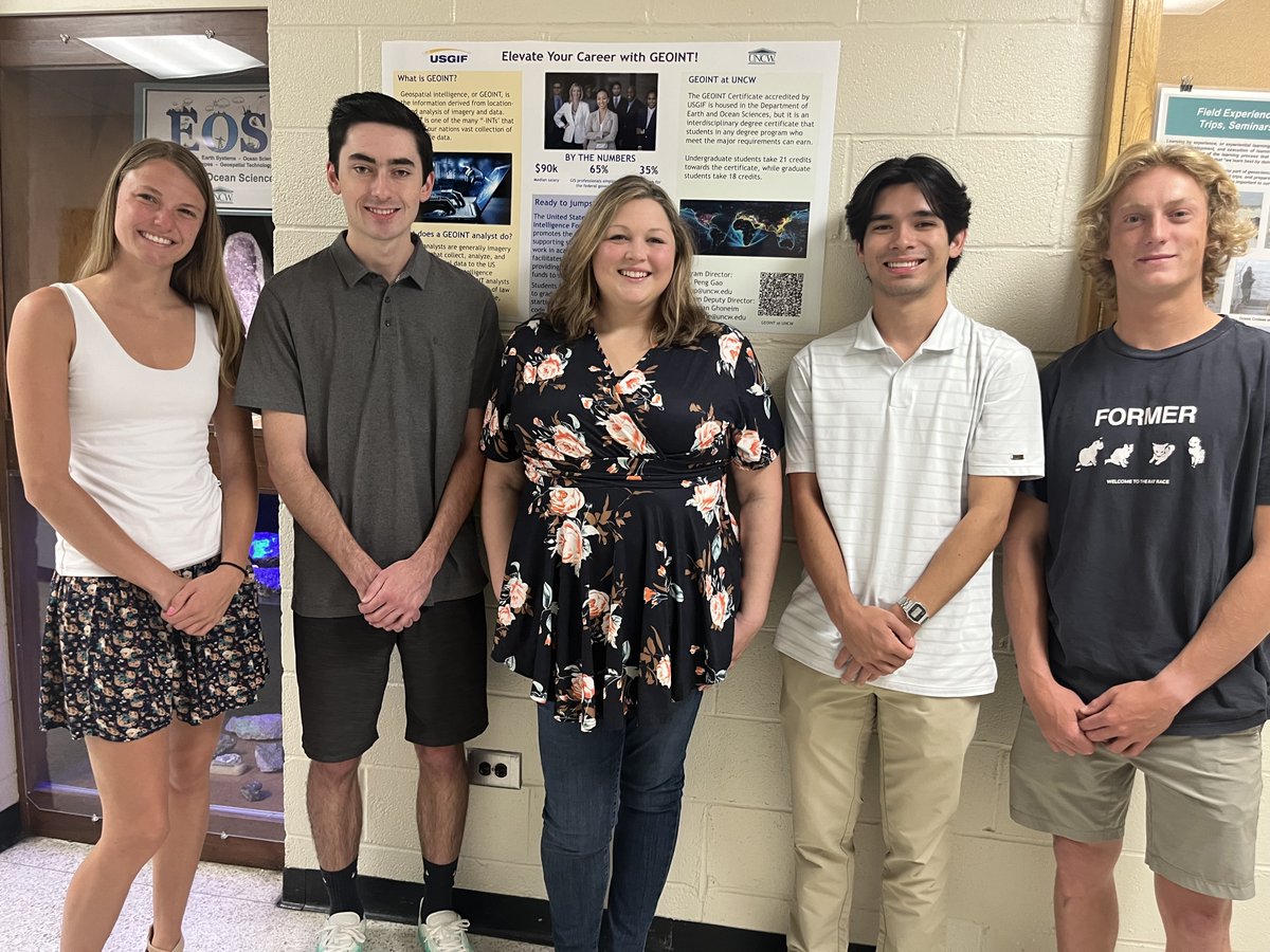 Congratulations to the Spring 2025 graduates of the Certificate in Geospatial Intelligence (GEOINT), who include (left to right) Audrey Collier, Ethan Thorn, Beth McCroskey, Jaden Tremelling, and Jack Long. 

#uncw #uncweos #uncwteaching #uncwresearch #geoint #geography