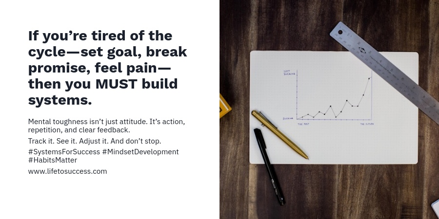 lifetosuccess's tweet image. 6/7 If you’re tired of the cycle—set goal, break promise, feel pain—then you MUST build systems.

Mental toughness isn’t just attitude. It’s action, repetition, and clear feedback.

Track it. See it. Adjust it. And don’t stop.

#SystemsForSuccess #MindsetDevelopment #HabitsMatter