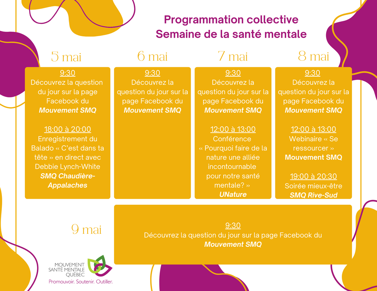 📣C'EST LA SEMAINE DE LA SANTÉ MENTALE! 
Les organismes du Québec ont plein d'informations et d'événements à vous partager pour l'occasion. Par exemple, découvrez ici la programmation proposée par #MouvementSantéMentaleQuébec et profitez-en!