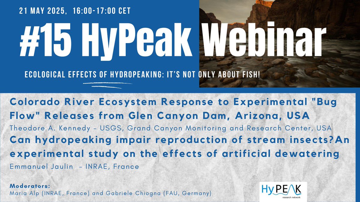 HyPeakNetwork (@hy_peak) on Twitter photo 📢 Join the 15th HyPeak Webinar
🗓 21 May 2025 | 🕓 16:00–17:00 CET
🪰 Topic: Hydropeaking impacts on freshwater insects!
🎙 Talks by T. Kennedy (USGS) & E. Jaulin (INRAE)
🔗 Register: forms.gle/nZHMXwHkqXwZEH…
✉️ No Google? Email hypeaknetwork@gmail.com
#Hydropeaking #BugFlow 📢 Join the 15th HyPeak Webinar
🗓 21 May 2025 | 🕓 16:00–17:00 CET
🪰 Topic: Hydropeaking impacts on freshwater insects!
🎙 Talks by T. Kennedy (USGS) & E. Jaulin (INRAE)
🔗 Register: forms.gle/nZHMXwHkqXwZEH…
✉️ No Google? Email hypeaknetwork@gmail.com
#Hydropeaking #BugFlow