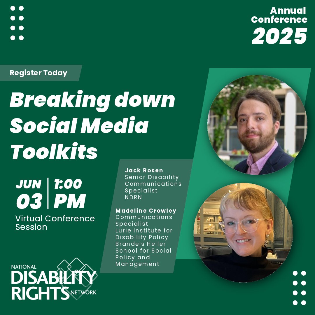 NDRNadvocates's tweet image. This session will teach you how to create streamlined, on-brand social media toolkits to boost your outreach without burning out. 

Led by Jack Rosen (NDRN) &amp;amp; Madeline Crowley (Lurie Institute).

#DisabilityRights #CommunicationsStrategy #SocialMediaToolkit @LurieInstitute