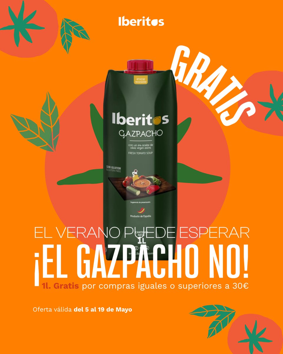 🚨 ¡ALERTA DE SABOR! El #verano puede esperar, pero el gazpacho NO 😜
Del 5 al 19 de mayo, si tu pedido supera los 30€, te regalamos 1L de nuestro Gazpacho Iberitos.
¡Tal como lees! 👀

🔗 iberitos.com

¡Luego no digas que no te avisamos! 😉

#gazpacho #iberitos