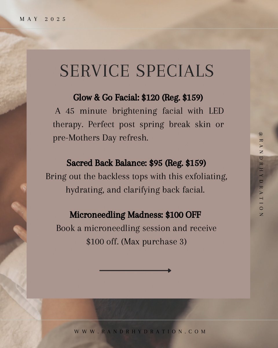RandRHydration's tweet photo. May is HERE &amp; we’re springin’ into RADIANCE!😍
Time to glow up, show up, and treat yo’self all month long!💕💕

Spots are limited, so don’t wait—your summer skin is calling!
Book now on our app or https://t.co/sAq33mDzrk

#SpringIntoRadiance #MaySpaVibes #HydrafacialGlow https://t.co/W1f1bwc0BM
