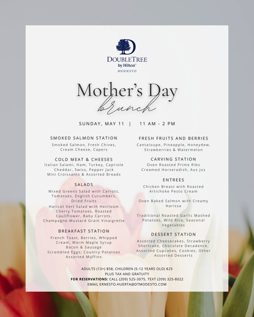 Hilton_Modesto's tweet image. Make this #MothersDay one to remember! 💐

Join us at #DoubleTreeModesto this Sunday or a special brunch celebration honoring the amazing moms in our lives. 💕

Secure your table today:
📞 (209) 525-3075
📲 Text (209) 325-8022
📧 Ernesto.Huerta@dtmodesto.com