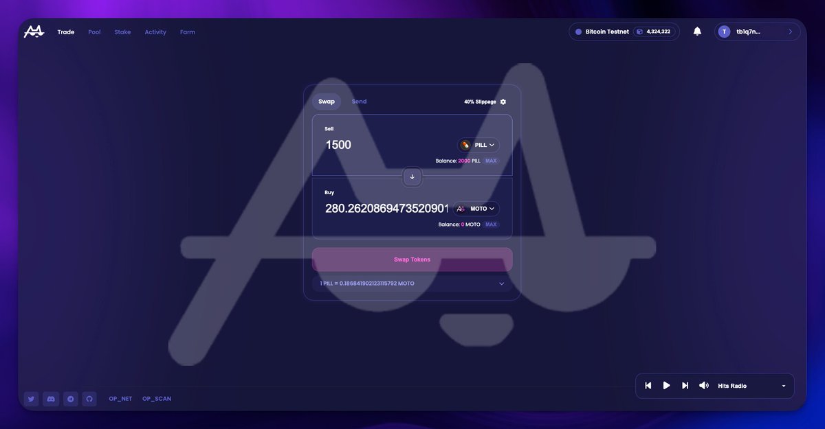 Many have claimed to build a “Bitcoin DEX.”
But most rely on bridges or hold your assets.

Motoswap is different... A real DEX experience, built directly on Bitcoin using <a href="/opnetbtc/">OP_NET</a> smart contracts.

No bridges. Full self-custody.

Now LIVE on testnet 🐈‍⬛🛵

⬇️ Try it yourself ⬇️