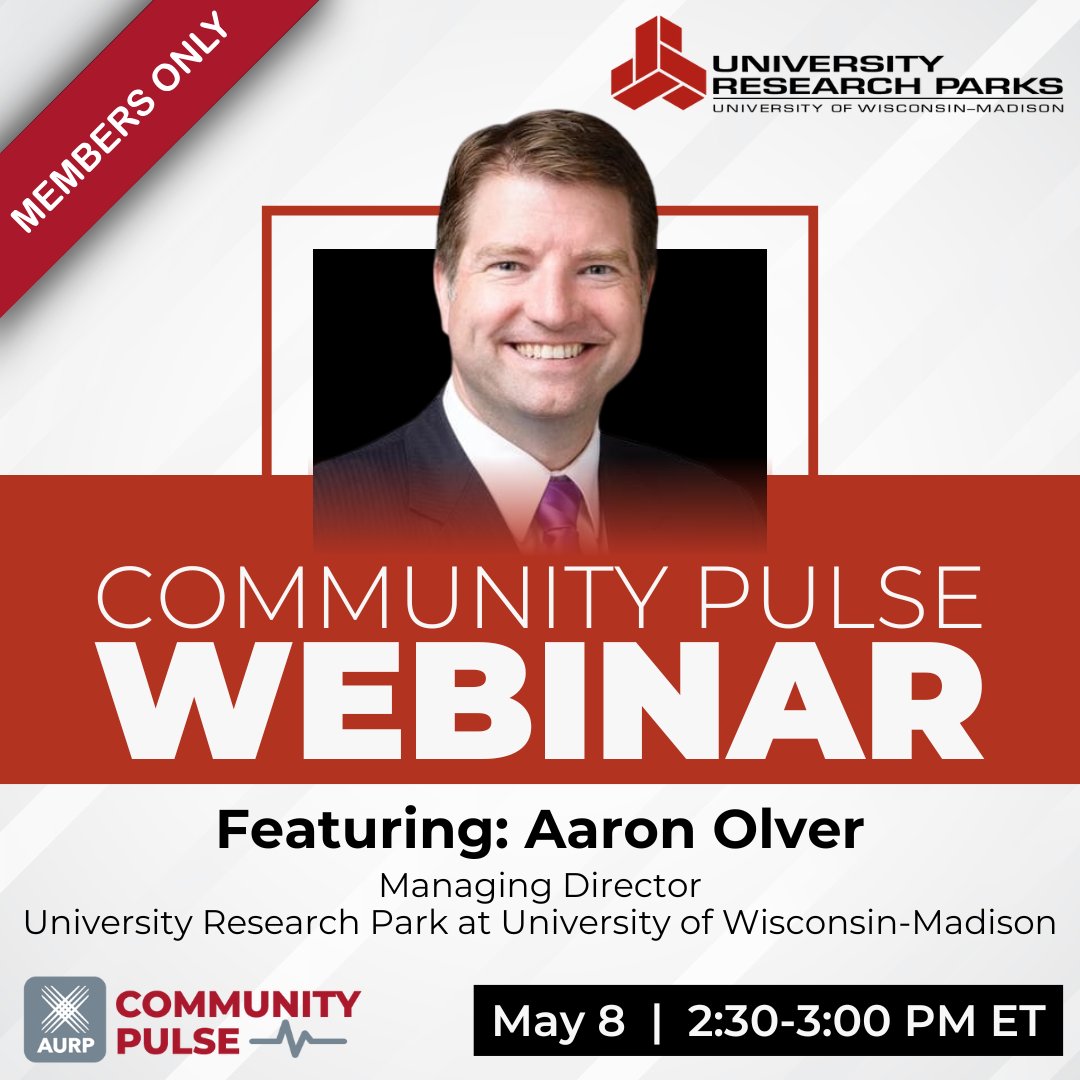 AURP (@aurp) on Twitter photo #AURPinAction: REMINDER: Our next Members-only Community Pulse Webinar is May 8th! Aaron Olver, Managing Director, University Research Park <a href="/UWMadisonURP/">University Research Park</a> at <a href="/UWMadison/">UW–Madison</a>, shares his insights!
Date: May 8 | Time: 2:30–3:00pm ET
Register now: aurp.net/aurp-webinars
#ResearchParks #AURPinAction: REMINDER: Our next Members-only Community Pulse Webinar is May 8th! Aaron Olver, Managing Director, University Research Park <a href="/UWMadisonURP/">University Research Park</a> at <a href="/UWMadison/">UW–Madison</a>, shares his insights!
Date: May 8 | Time: 2:30–3:00pm ET
Register now: aurp.net/aurp-webinars
#ResearchParks