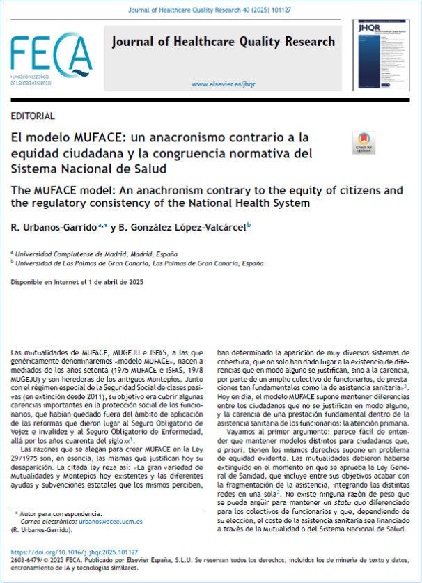Journal of Healthcare Quality Research (@jhealthqualityr) on Twitter photo 📰 El modelo MUFACE: un anacronismo contrario a la equidad... y la congruencia normativa del SNS
✏️Editorial por R Urbanos-Garrido y B González López-Valcárcel en el <a href="/JHealthQualityR/">Journal of Healthcare Quality Research</a> #RevistaSECA #JHQR
👉 bit.ly/44LrYri
✅ #CalidadAsistencial #MUFACE #Mutualismo #Equidad 📰 El modelo MUFACE: un anacronismo contrario a la equidad... y la congruencia normativa del SNS
✏️Editorial por R Urbanos-Garrido y B González López-Valcárcel en el <a href="/JHealthQualityR/">Journal of Healthcare Quality Research</a> #RevistaSECA #JHQR
👉 bit.ly/44LrYri
✅ #CalidadAsistencial #MUFACE #Mutualismo #Equidad