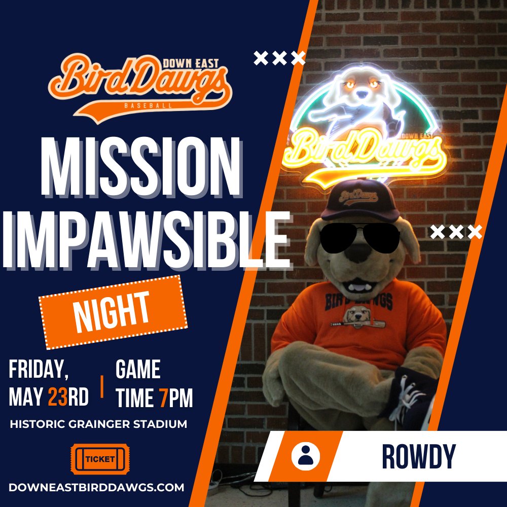 DEBirdDawgs's tweet photo. 🐾Your mission, should you choose to accept it… Join us for Mission ImPAWsible Night at Historic Grainger Stadium! ⚾
Friday, May 23, 2025
First pitch at 7:00PM
🔗 Accept your mission now at https://t.co/OMgEs8O7U2
#MissionImpawsible #ThisMessageWillSelfDestruct https://t.co/aerPXDMmTp