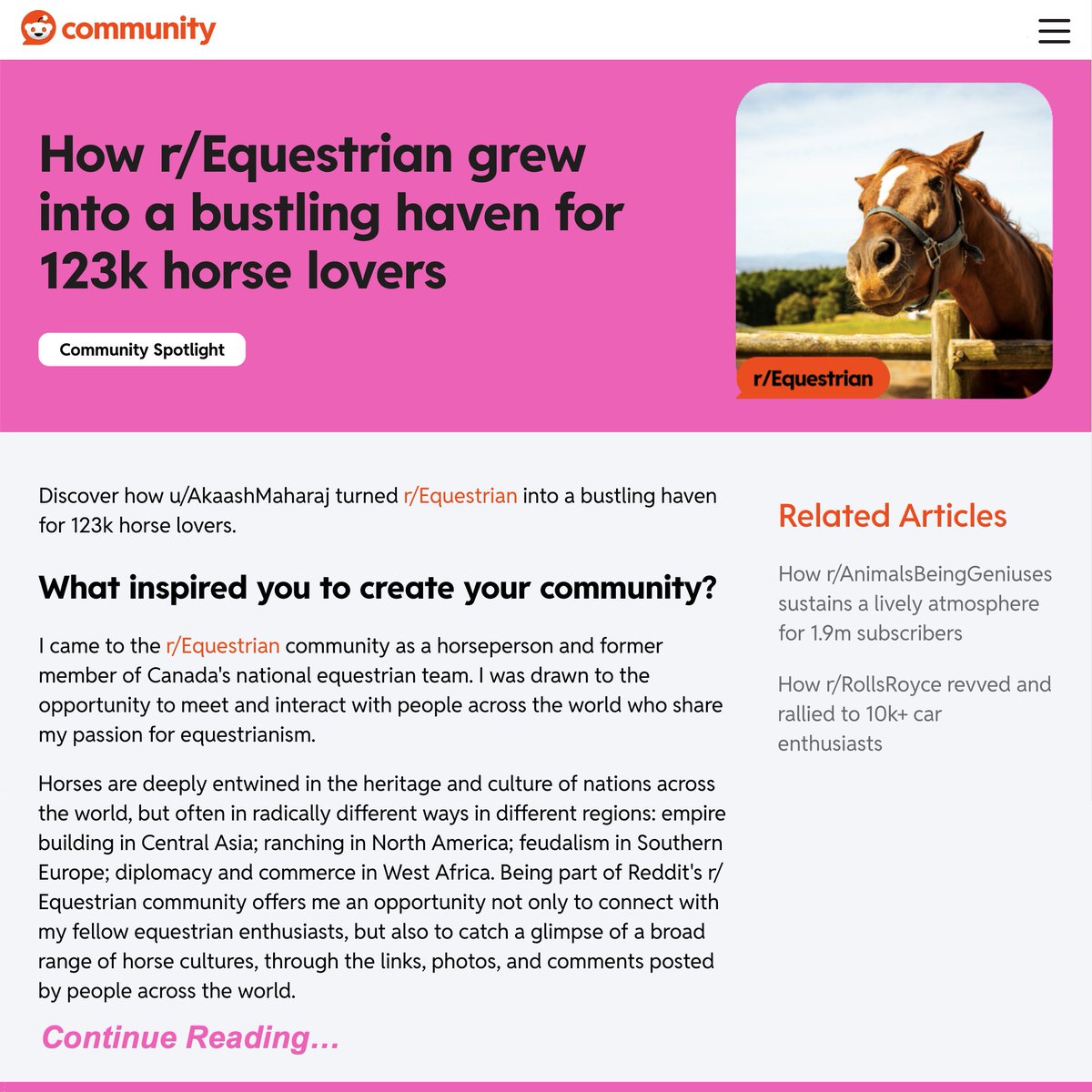 I am grateful to #Reddit for featuring the r/Equestrian community in its Community Spotlight.

Volunteering as an r/Equestrian Mod has enabled me to connect with horsepeople across nations, and to engage with horse cultures around the world.

via.maharaj.org/rcs 🐴