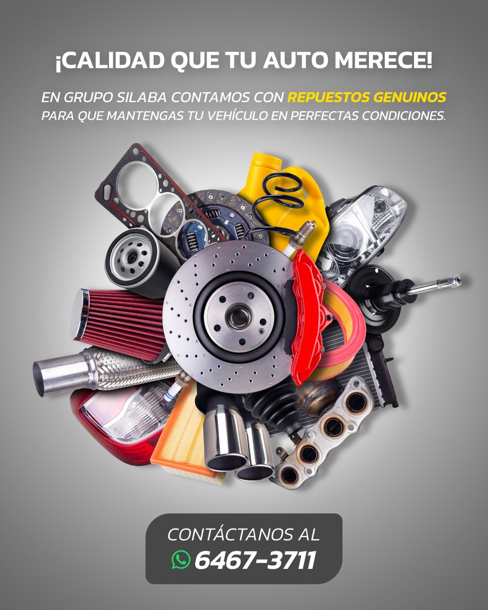 ¡Tu auto necesita calidad, y nosotros la tenemos! 🔧🚗

En Grupo Silaba, te ofrecemos repuestos originales y de calidad para que tu vehículo siempre esté en su mejor forma. ¡Lo que necesitas está aquí! 💯

Contáctanos al WhatsApp: 6467-3711 para más información! 💯

#GrupoSilaba