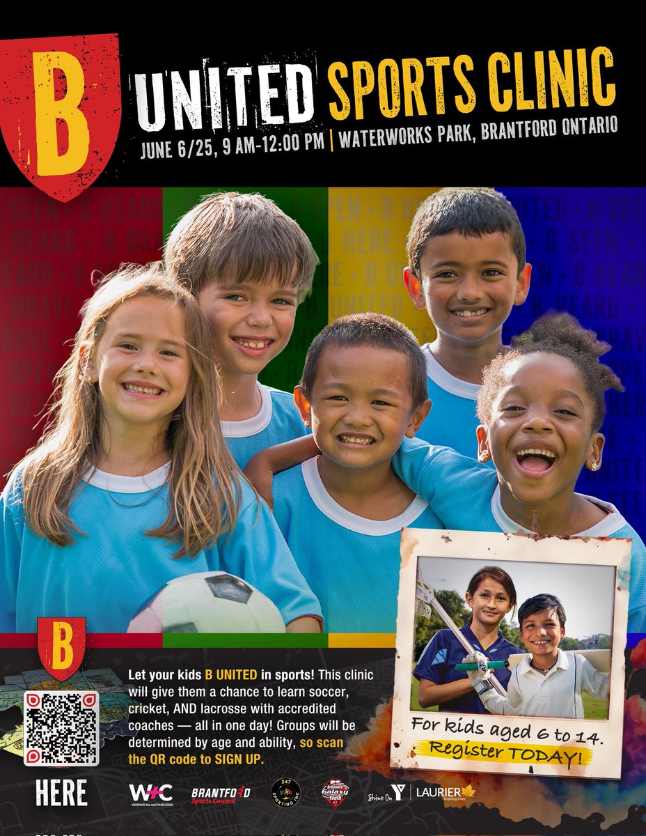 B United in Brantford
FREE Sports Clinic
Friday June 6th @ Waterworks Park
9:00 AM to Noon
Soccer, Cricket, Lacrosse
Grade 1 - Grade 8
Please register now (by registration only) 
forms.monday.com/forms/1ebfdfe5…