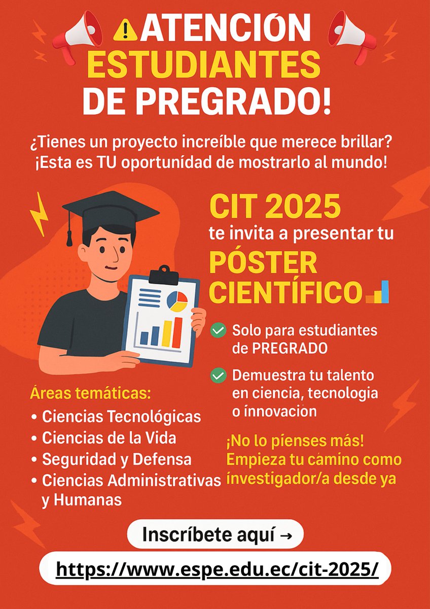 🚨🔥 ¡ATENCIÓN ESTUDIANTES DE PREGRADO! 🔥🚨
¿Tienes un proyecto increíble que merece brillar? 🌟
💡 ¡Esta es TU oportunidad de mostrarlo al mundo!

🎓 El Congreso Internacional Multidisciplinario de Ciencia y Tecnología CIT 2025 te invita a presentar tu PÓSTER CIENTÍFICO 📊

✅